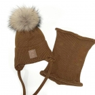 Зимова шапка з натуральним помпоном та хомут для хлопчика, коричневий (23WP123k), Pompona