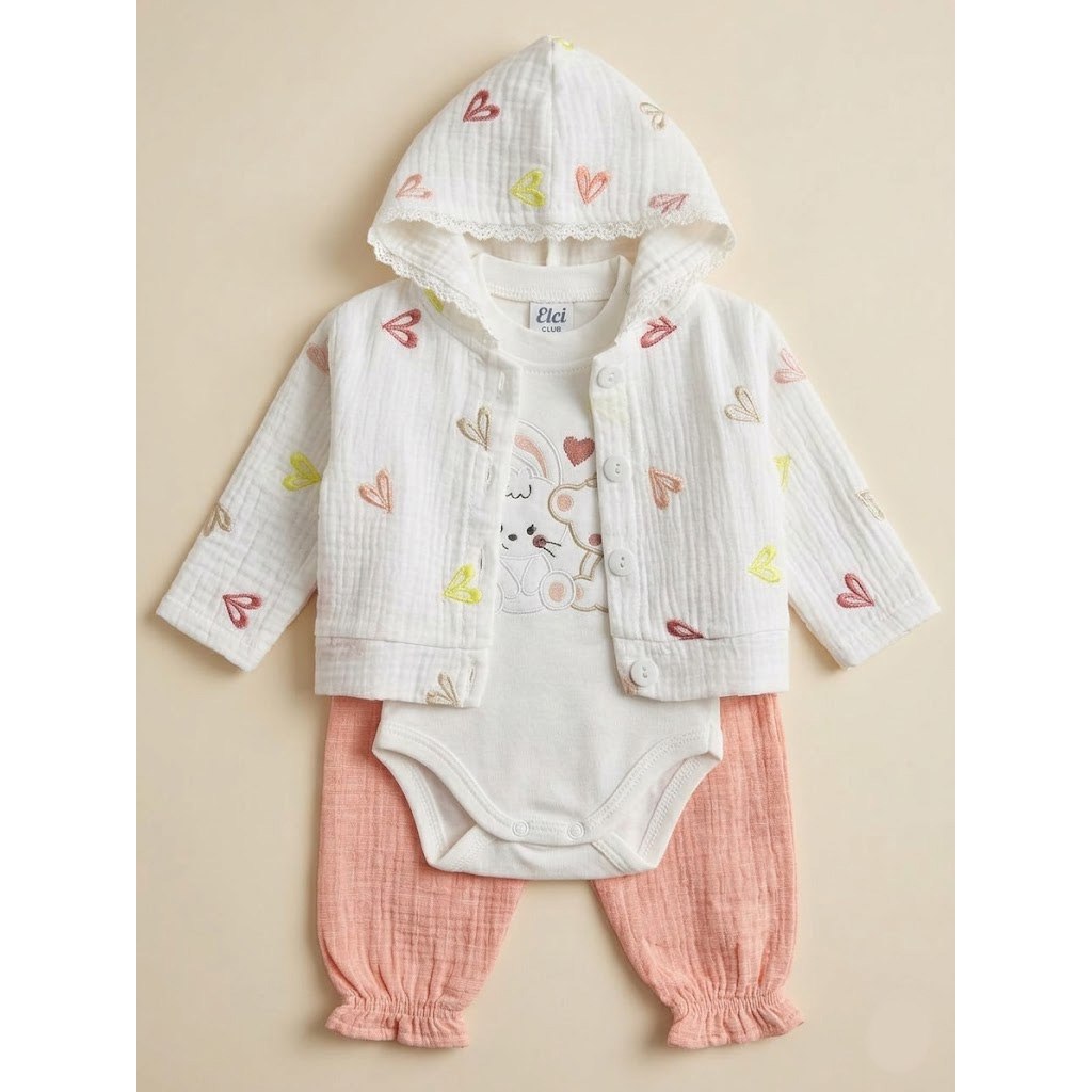 Дитячий костюм для дівчинки (кофта+боді+штани), кораловий (3258), Elci baby