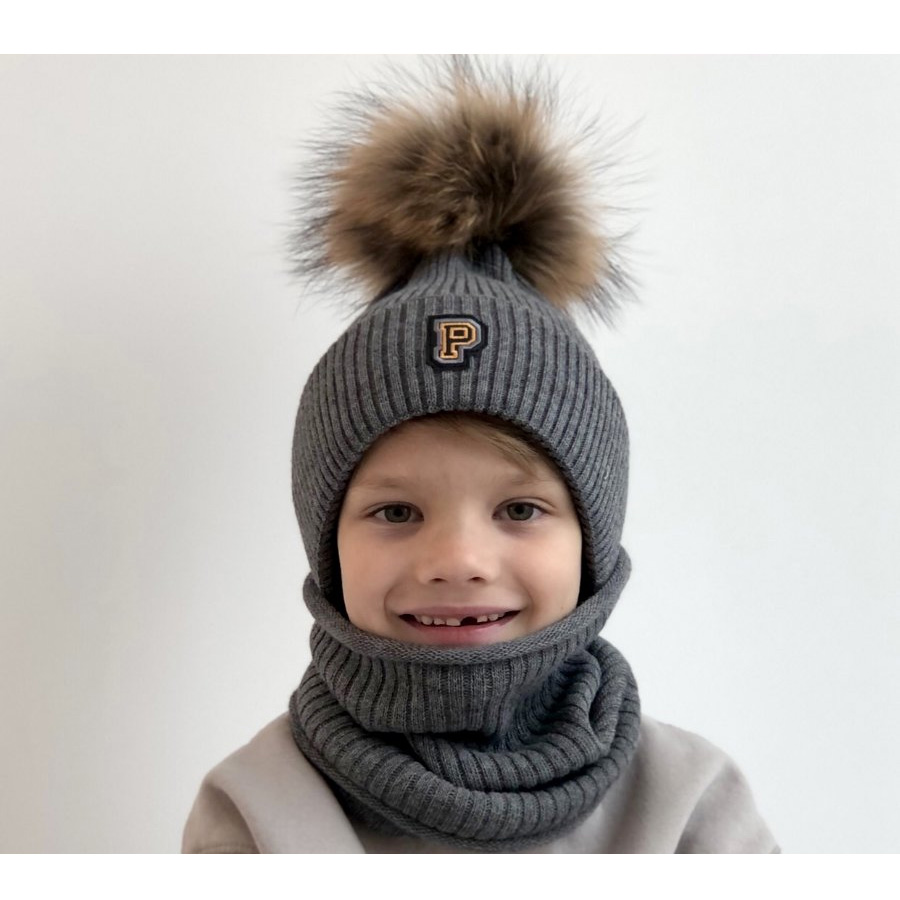 Зимова дитяча шапка з натуральним помпоном та хомут, (25WP144), Pompona