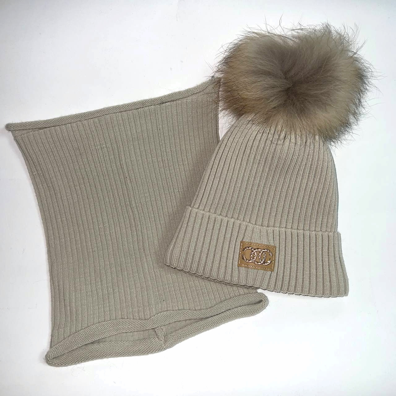 Зимова дитяча шапка з натуральним помпоном та хомут, (25WP136), Pompona