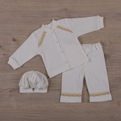 Хрестильний костюм для хлопчика Святик-2 (кофта + повзунки + бере), молочний (27069487, 27069491), Бетіс (Україна)