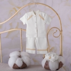 Хрестильний костюм для хлопчика Святик-2, (кофта + штанці + бере), інтерлок, білий / беж (27069110, 27069112), Бетіс