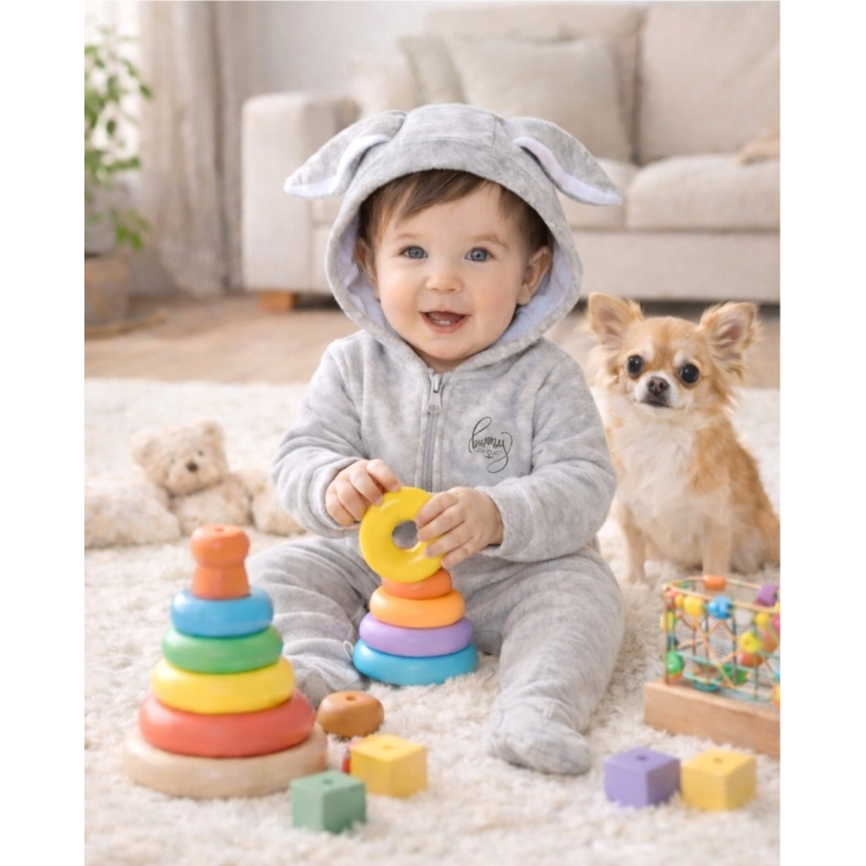 Комбінезон чоловічок для малюка Зайчик з вушками, велюр, сірий, 14757, Gabbi