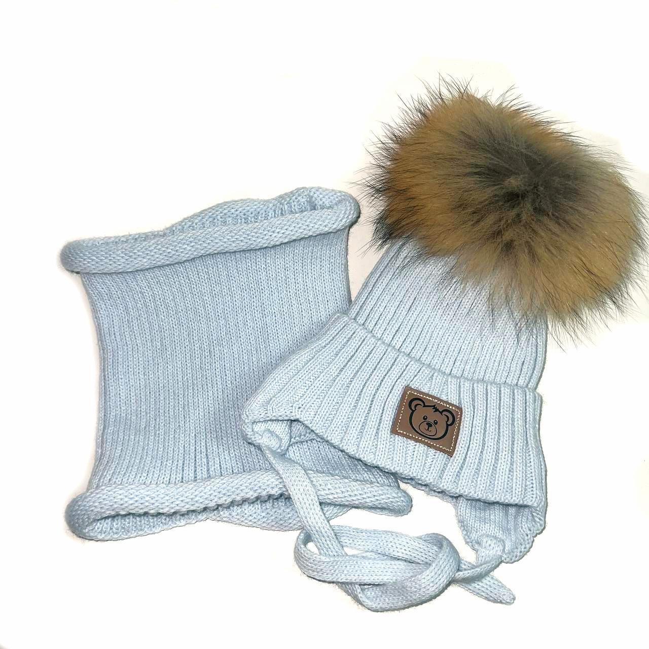 Зимова дитяча шапка з натуральним помпоном та хомут, (23WP144), Pompona