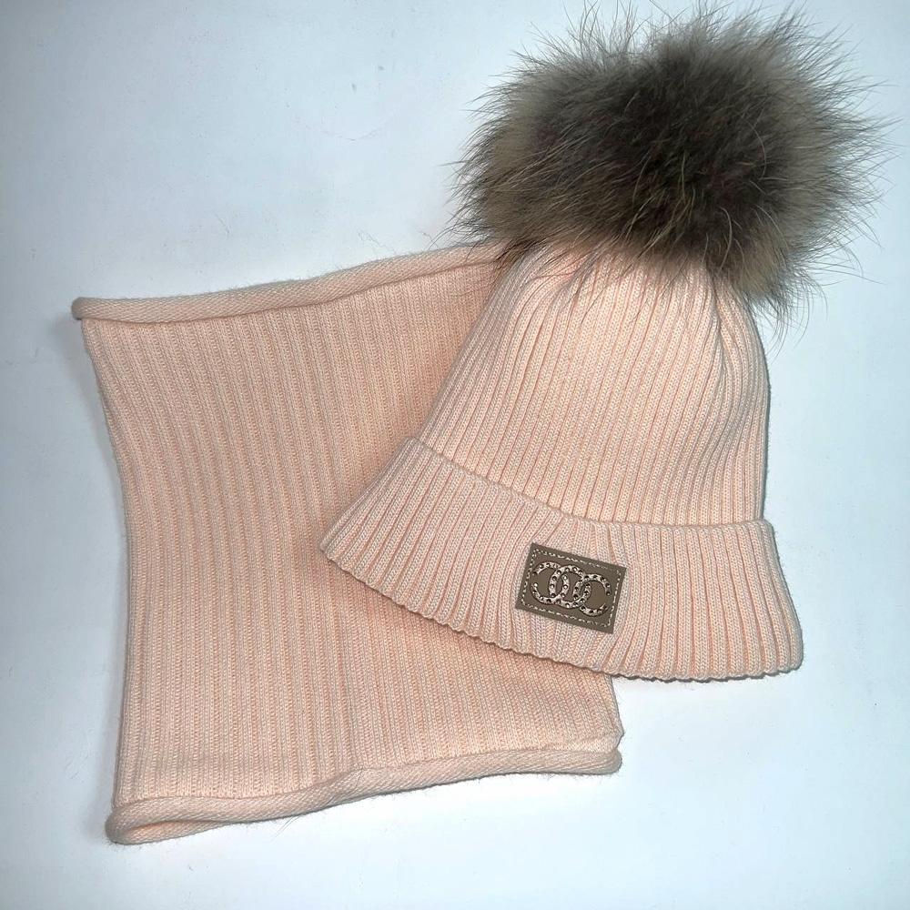 Зимова дитяча шапка з натуральним помпоном та хомут, (25WP136), Pompona