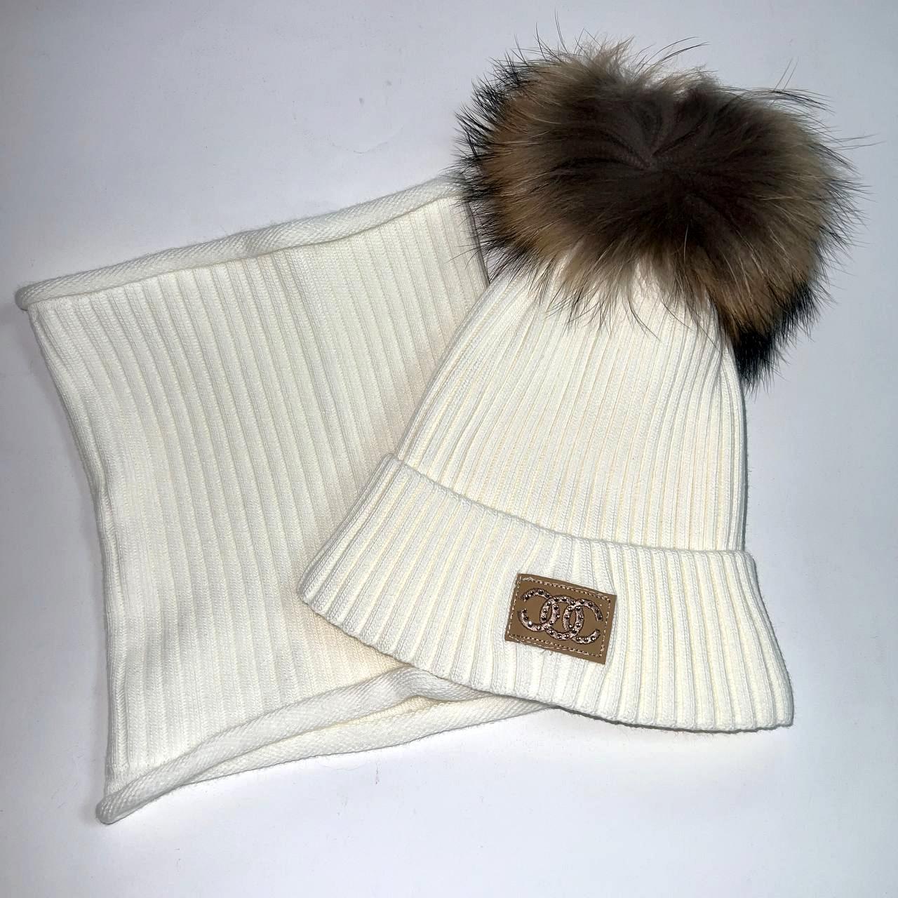 Зимова дитяча шапка з натуральним помпоном та хомут, (25WP136), Pompona