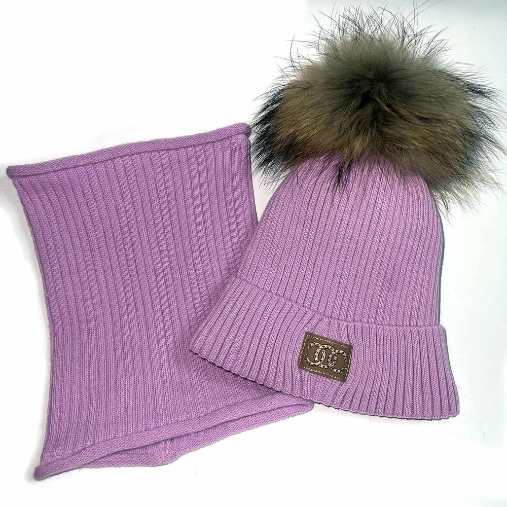 Зимова дитяча шапка з натуральним помпоном та хомут, (25WP136), Pompona