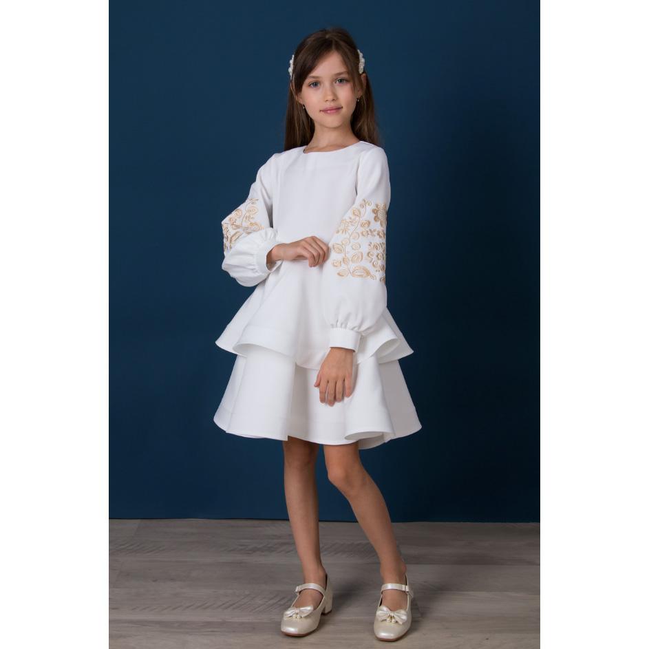Нарядное платье-вышиванка для девочки с длинным рукавом белое(5565), Mevis