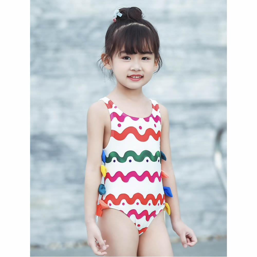 Дитячий купальний костюм (купальник + шапочка) для дівчинки, біло-червоний (607352), MOMASONG
