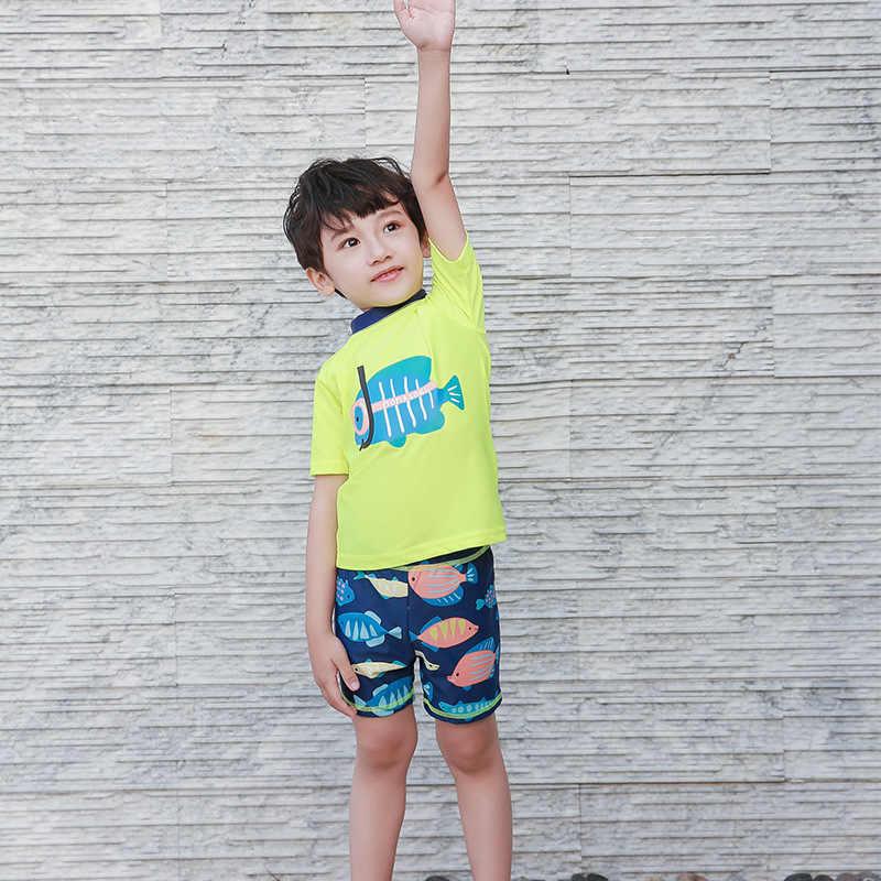 Детский купальный костюм (футболка+шорты+шапочка) для мальчика, синий-лимонный (718125), MOMASONG