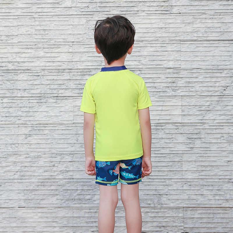 Дитячий купальний костюм (футболка + шорти + шапочка) для хлопчика, синій-лимонний (718125), MOMASONG