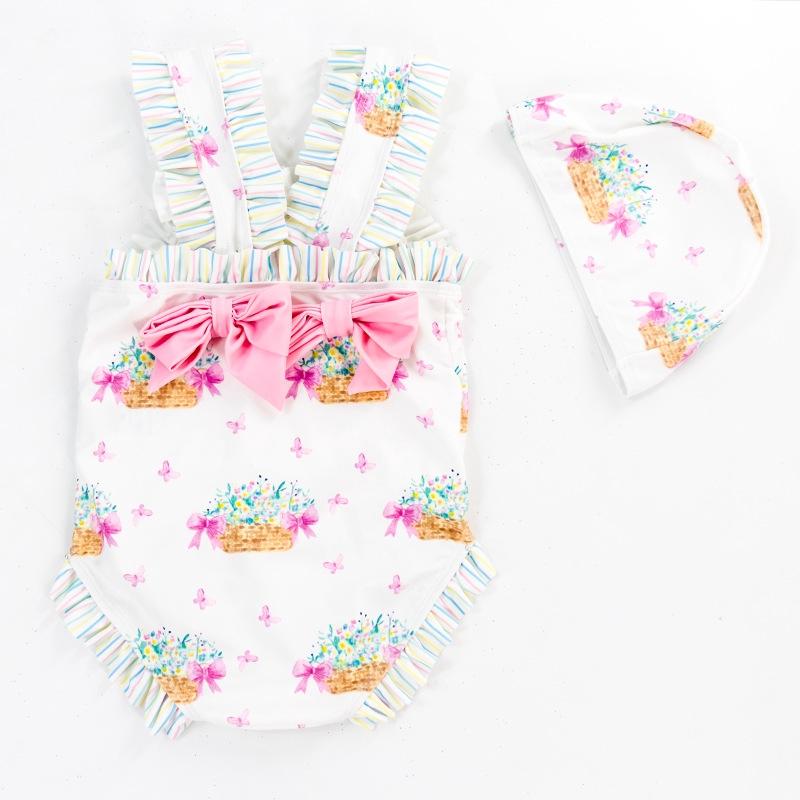 Детский купальный костюм (купальник+шапочка) для девочки, бело-розовый (719257), MOMASONG