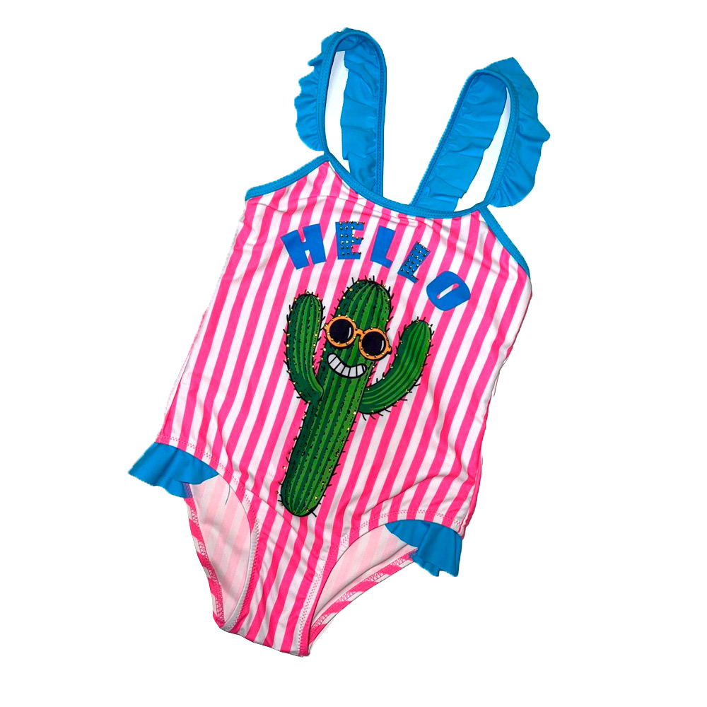 Детский слитный купальник для девочки Кактус, в полоску розовый, 69503,  Fuba