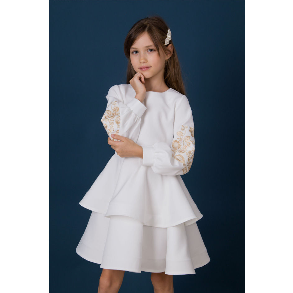 Нарядное платье-вышиванка для девочки с длинным рукавом белое(5565), Mevis