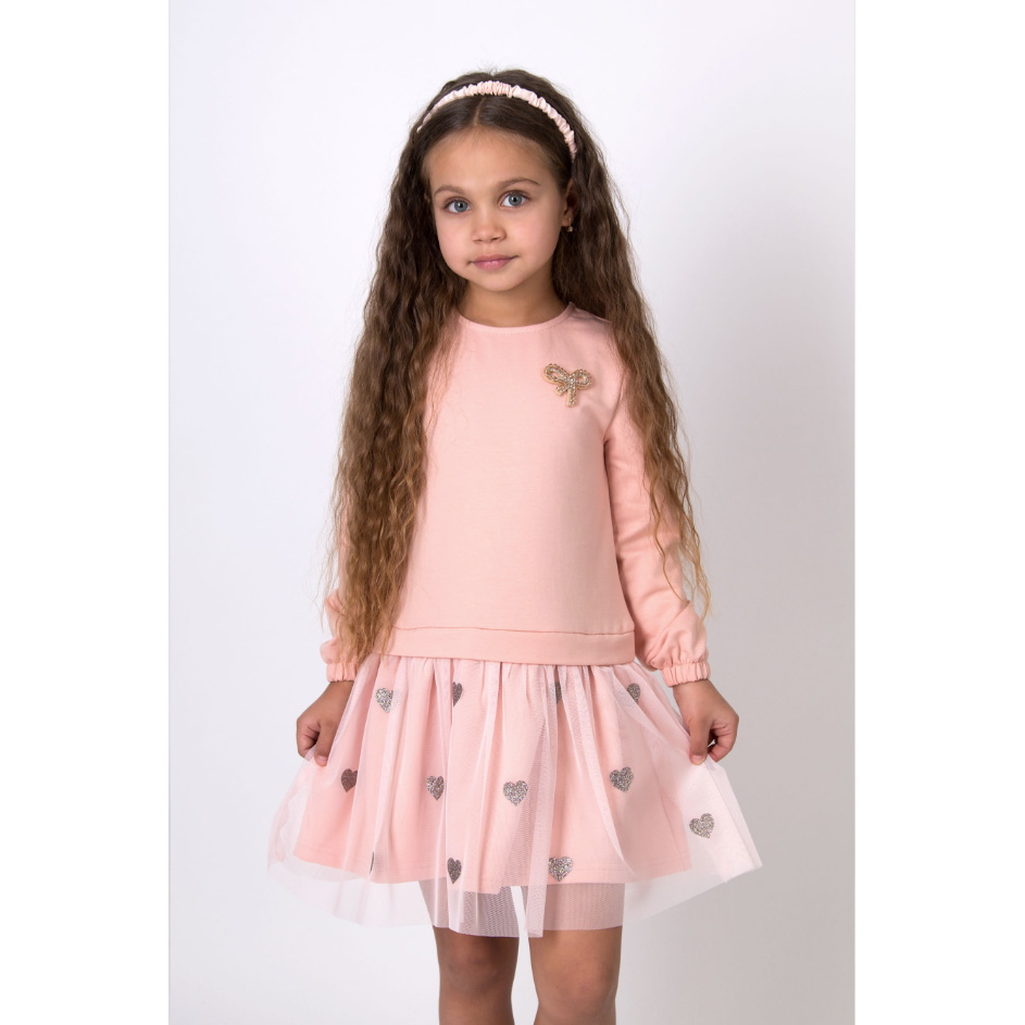 Нарядное платье для девочки с длинным рукавом и фатиновой юбкой розовое (5686), Mevis
