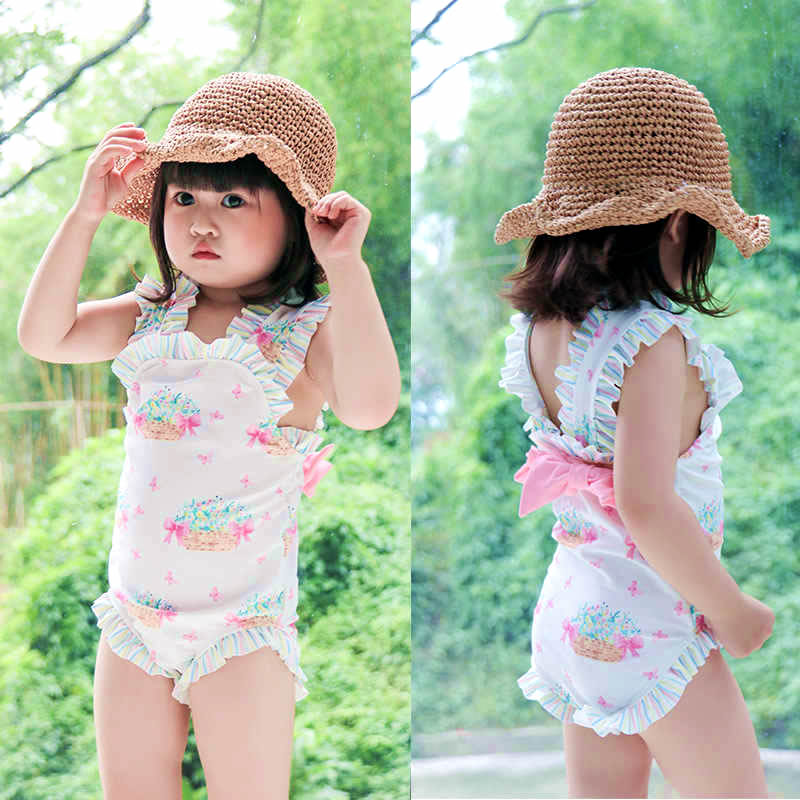 Дитячий купальний костюм (купальник + шапочка) для дівчинки, біло-рожевий (719257), MOMASONG