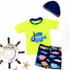 Дитячий купальний костюм (футболка + шорти + шапочка) для хлопчика, синій-лимонний (718125), MOMASONG