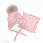 Зимова шапка з натуральним помпоном та хомут для дівчинки, рожева (22W16), Nikola