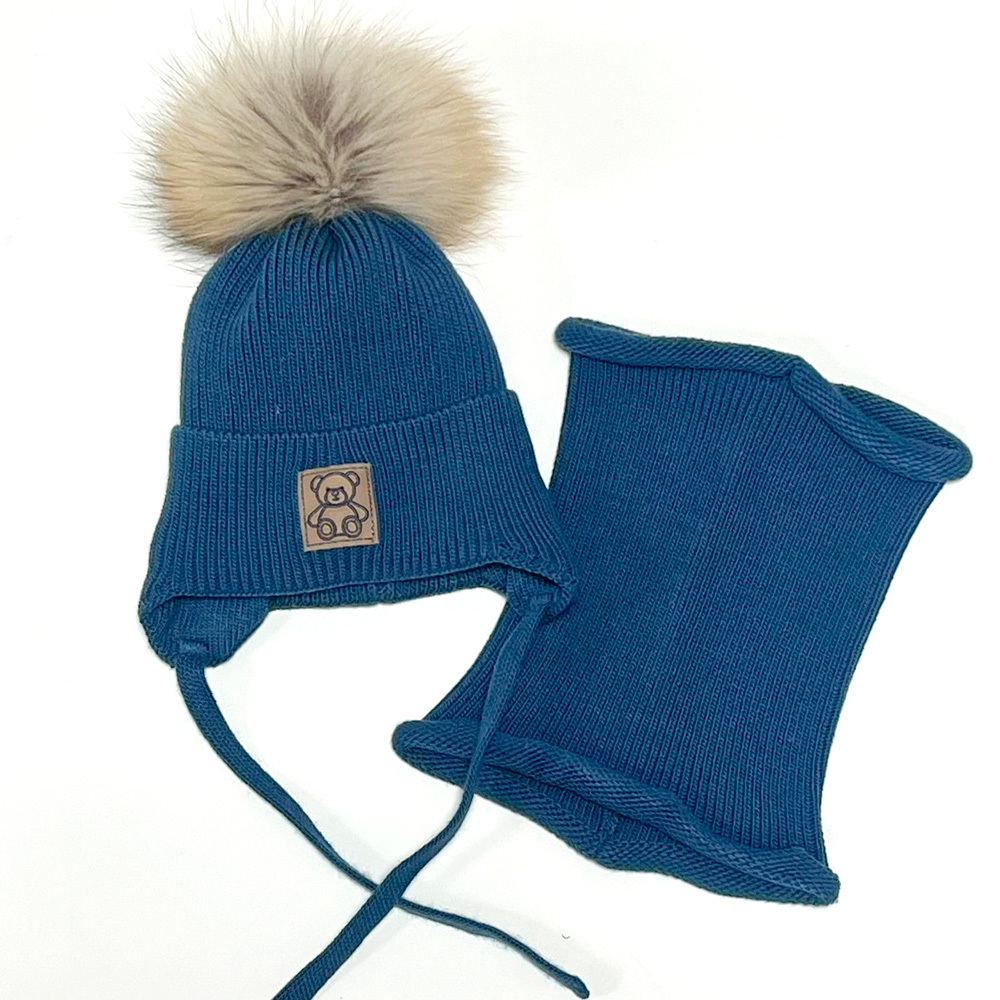 Зимова шапка з натуральним помпоном та хомут для хлопчика, синій (23WP123k), Pompona