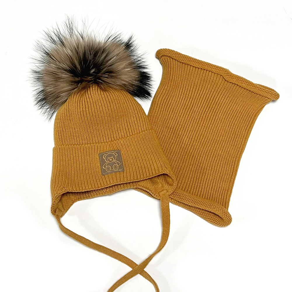 Зимова шапка з натуральним помпоном та хомут для хлопчика, гірчична (23WP123k), Pompon