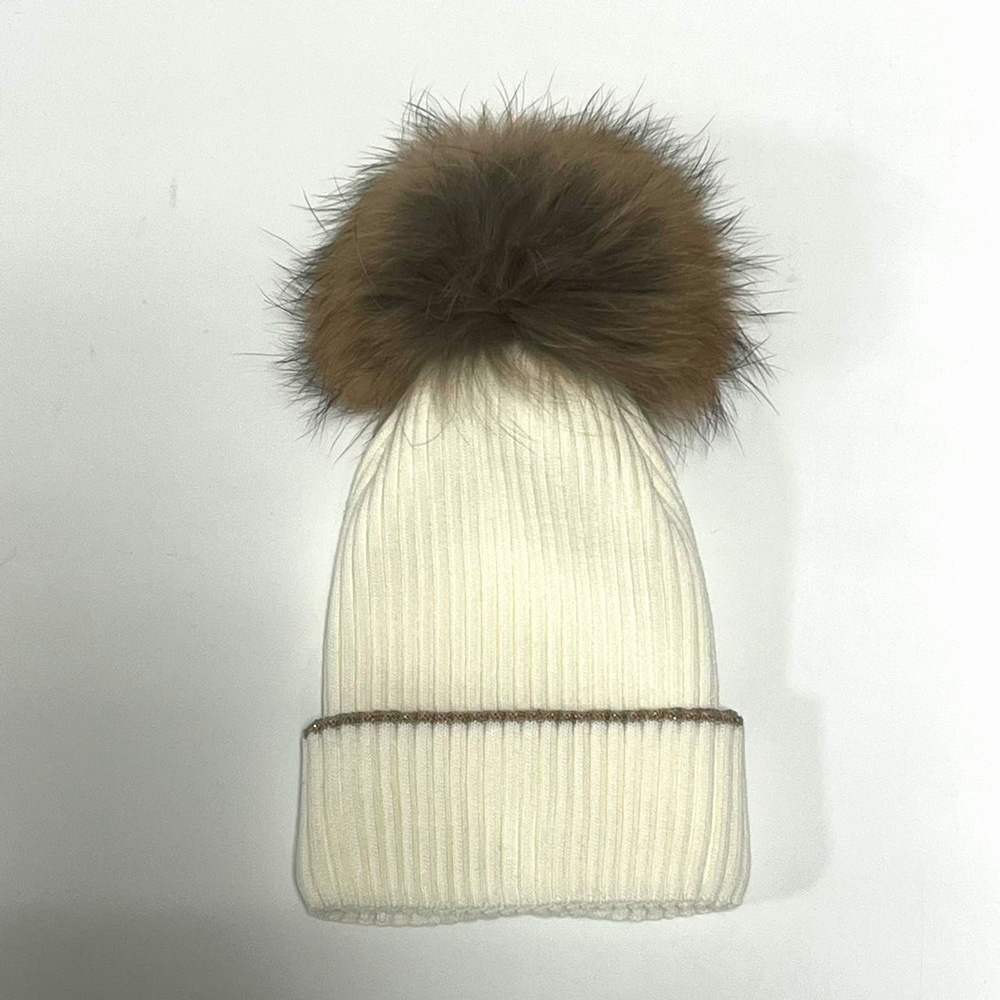 Зимняя шапка для девочки з натуральным помпоном, молочная (23WP136), Pompona