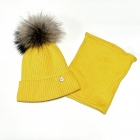 Зимова дитяча шапка з натуральним помпоном та хомут, жовта (21WP108), Pompona