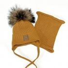 Зимова шапка з натуральним помпоном та хомут для хлопчика, гірчична (23WP123k), Pompon