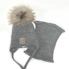 Зимова шапка з натуральним помпоном та хомут для хлопчика, сіра (23WP123k), Pompona
