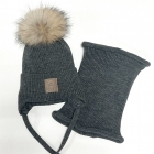 Зимова шапка з натуральним помпоном та хомут для хлопчика, темно-сіра (23WP123k), Pompona