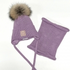 Зимова шапка з натуральним помпоном та хомут для дівчинки, лілова (23WP123k), Pompona