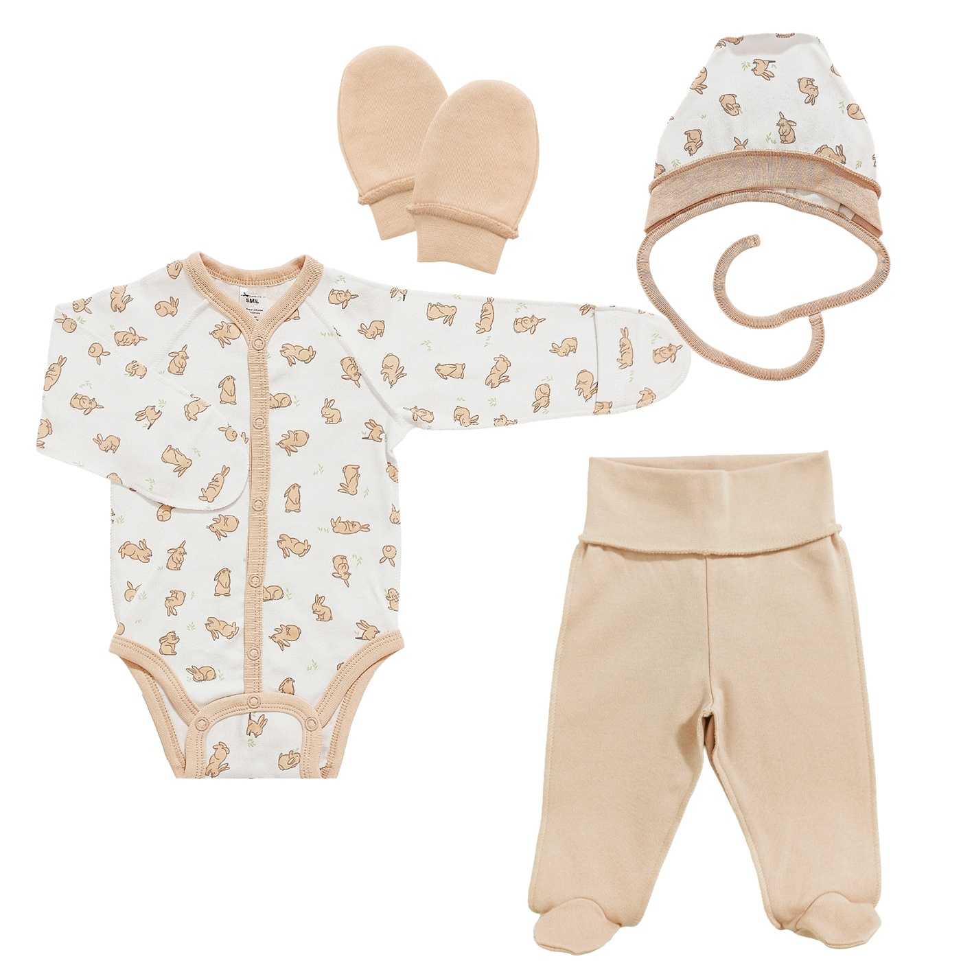 Комплект для новонародженого 4 ін. Зайчики бежевий + малюнок (), Smil