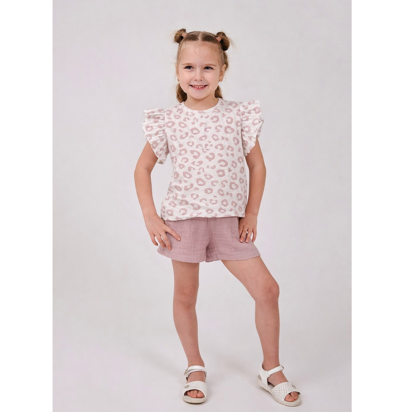 Дитячий літній комплект для дівчинки футболка та шорти (рожевий/бежевий), Smil 113335-1