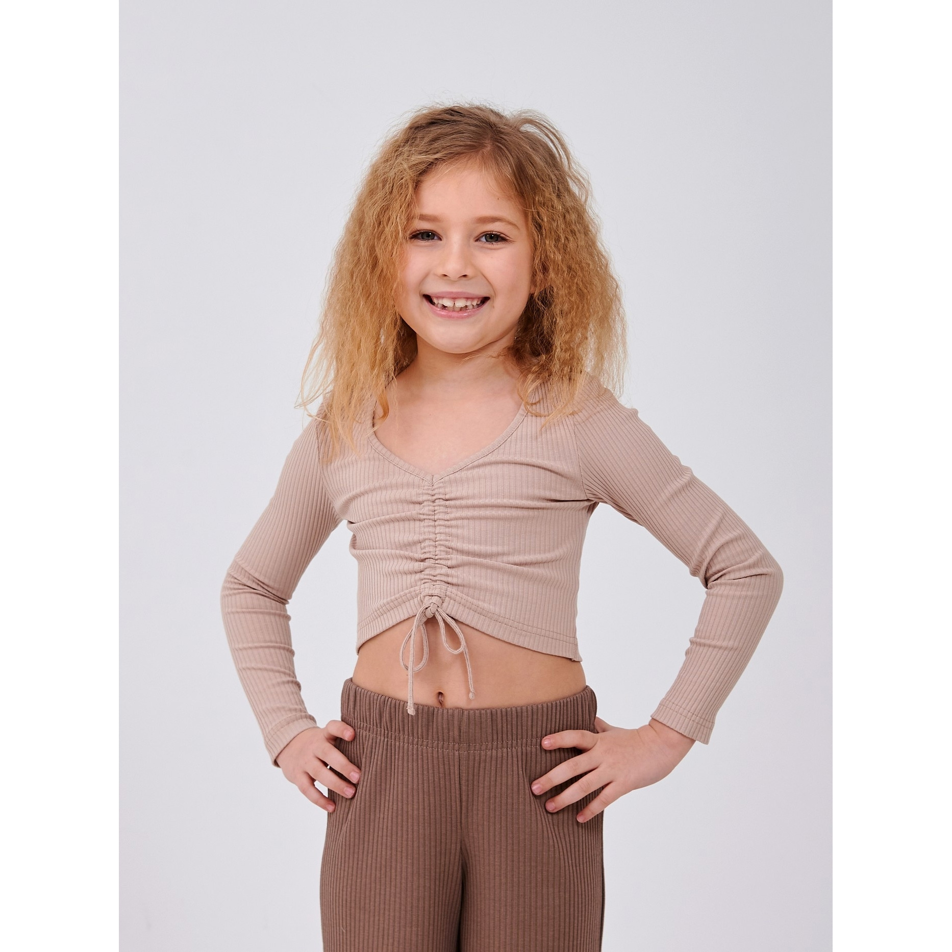 Топ длинный рукав для девочки в рубчик, бежевый (116713-1), Smil