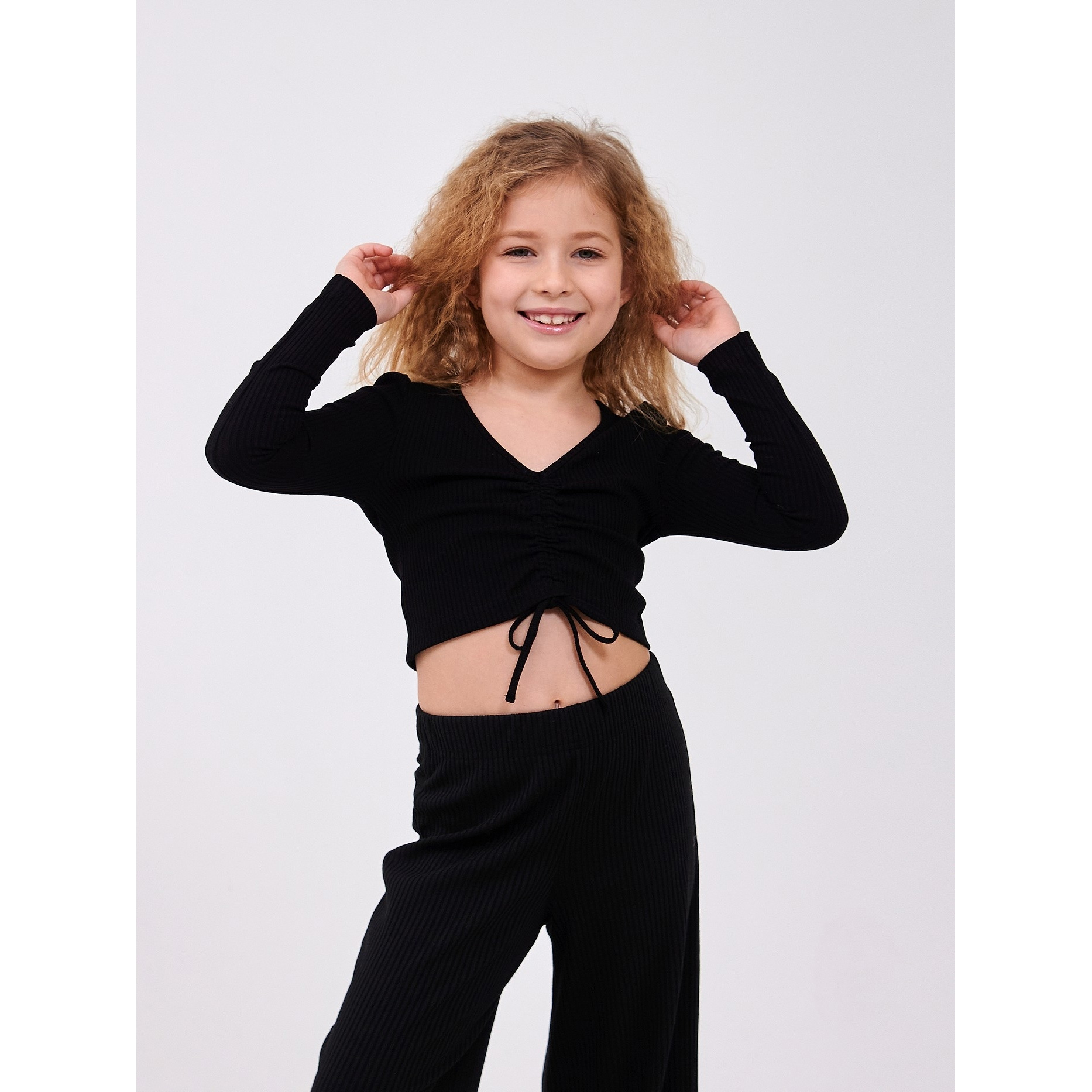 Топ длинный рукав для девочки в рубчик, черный (116713-1), Smil
