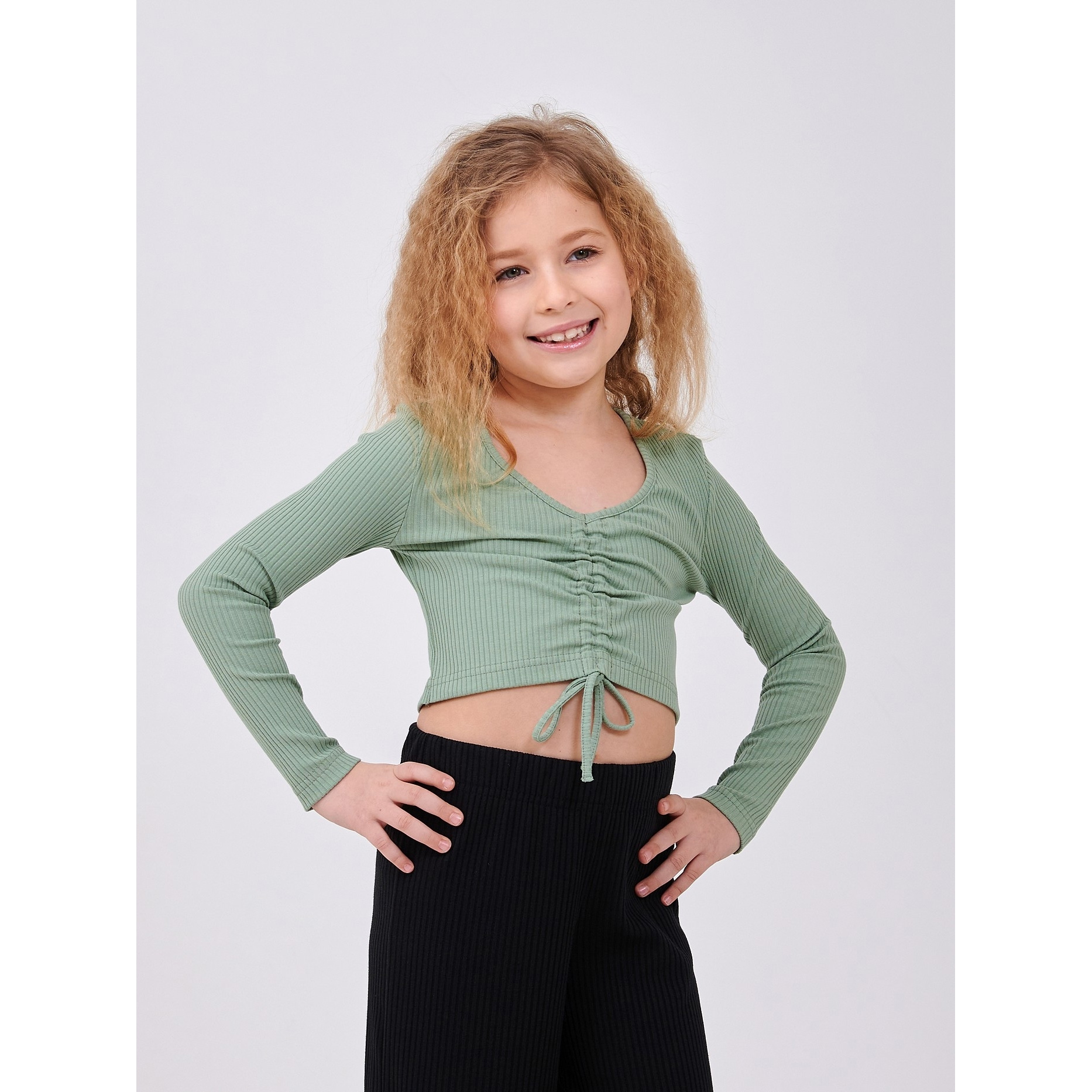 Топ довгий рукав для дівчинки в рубчик, фісташковий (116713-1), Smil