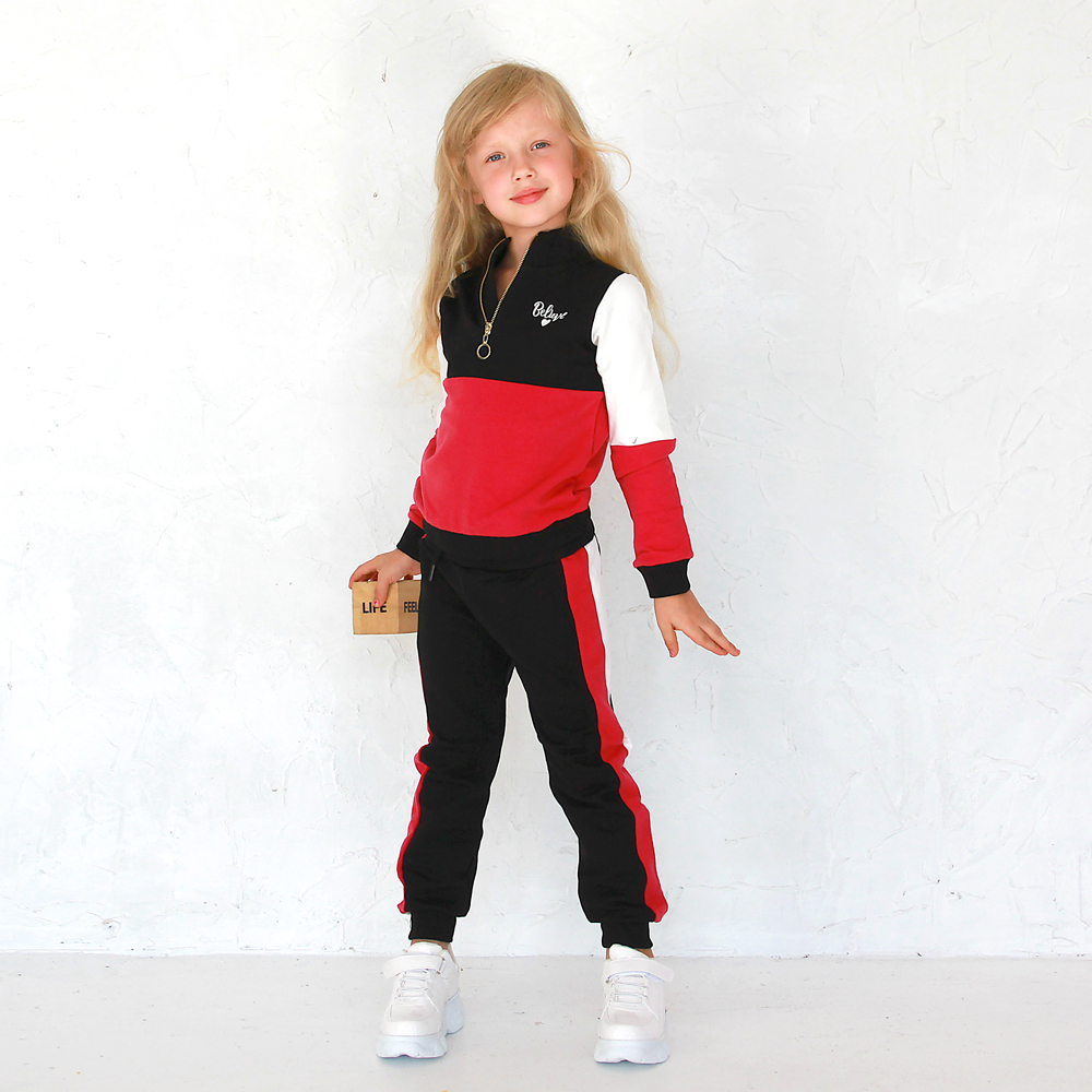 Детский утепленный спортивный костюм для девочки (свитшот+брюки), малиново-черный (21734), Wanex (Турция)